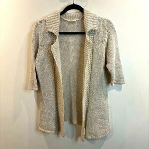 EILEEN FISHER Sz S Open Front Cotton Linen Blend Short Sleeves Collar Cardigan